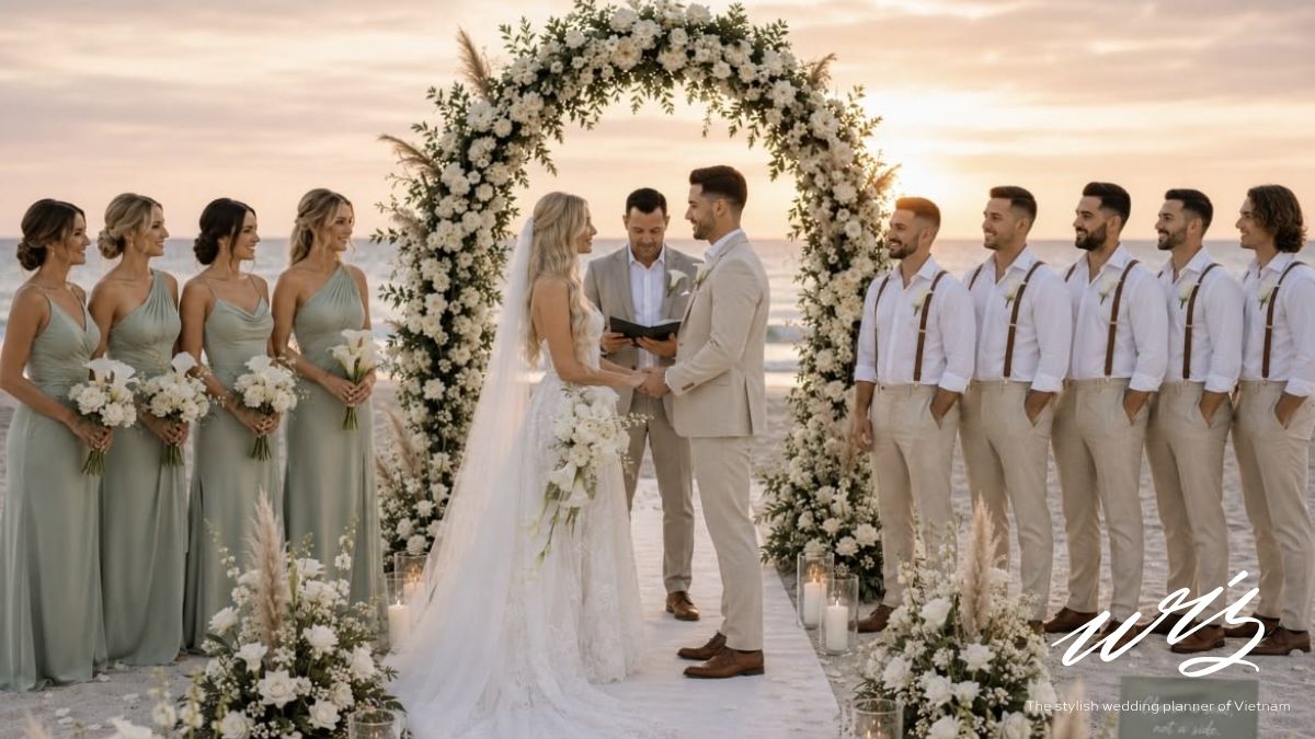 Beach destination wedding ceremony at sunset with the couple exchanging vows under a floral arch