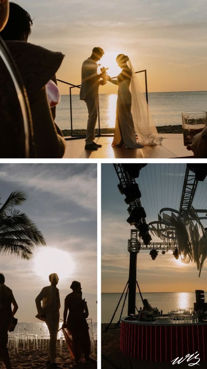 A bride and groom exchanging vows during a beach sunset ceremony in Phu Quoc, factoring into the vietnam destination wedding cost