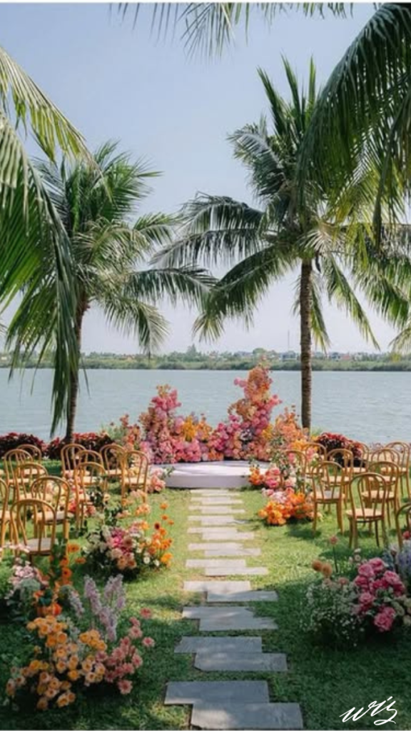Outdoor destination wedding ceremony set up in a Vietnamese landscape