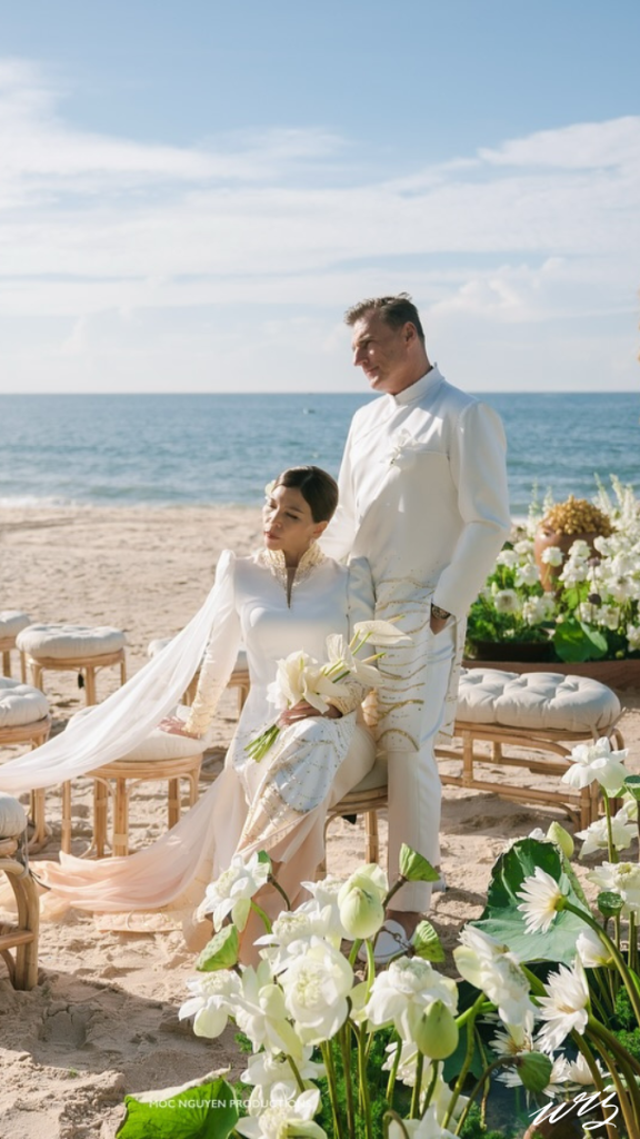 Beach wedding reception at sunset on the central coast of Vietnam
