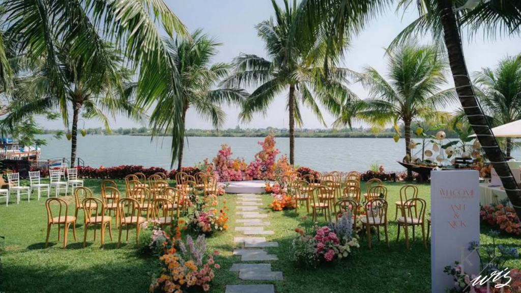 Outdoor destination wedding ceremony set up in a Vietnamese landscape