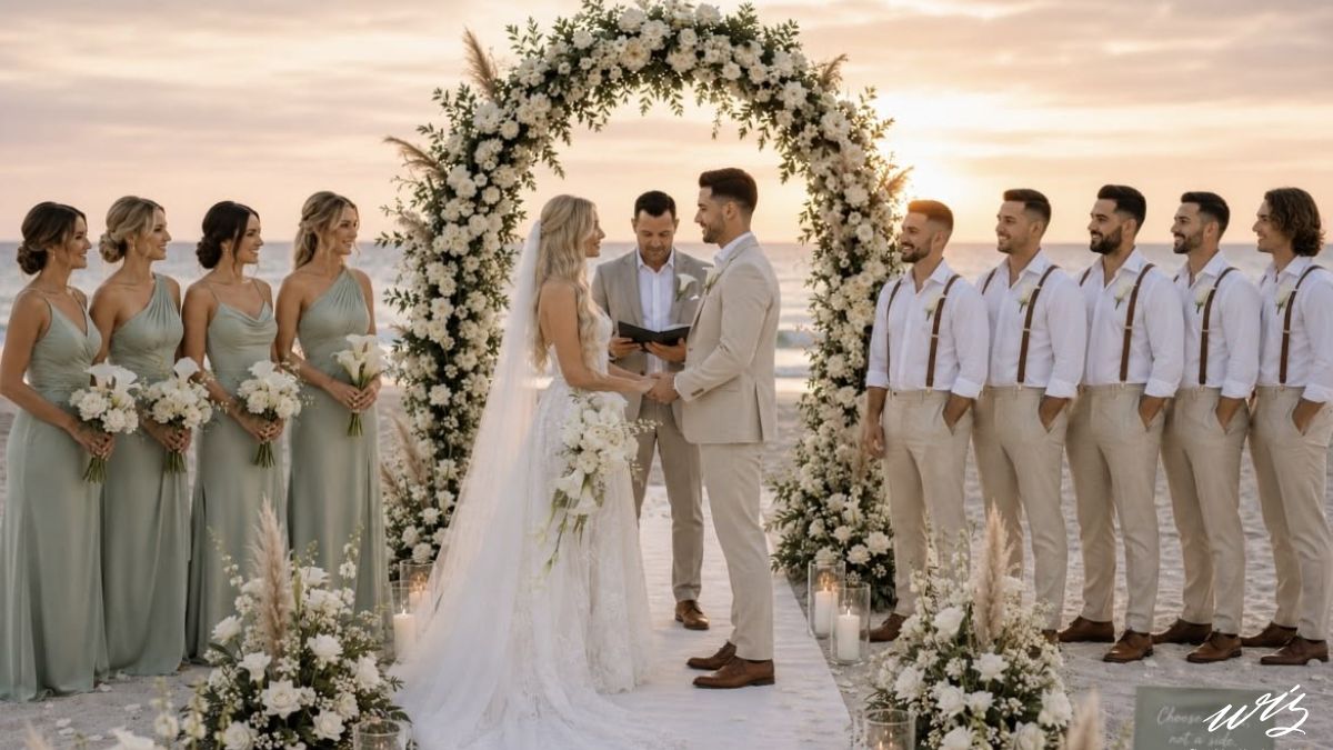 Beach destination wedding ceremony at sunset with the couple exchanging vows under a floral arch